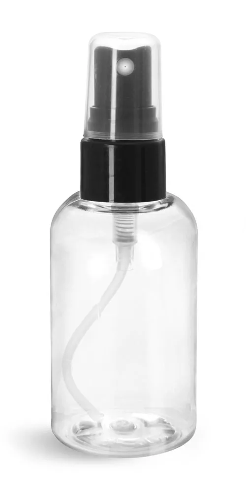 2 oz Plastic Bottles, Clear PET Boston Rounds w/ Smooth Black Fine Mist Sprayers