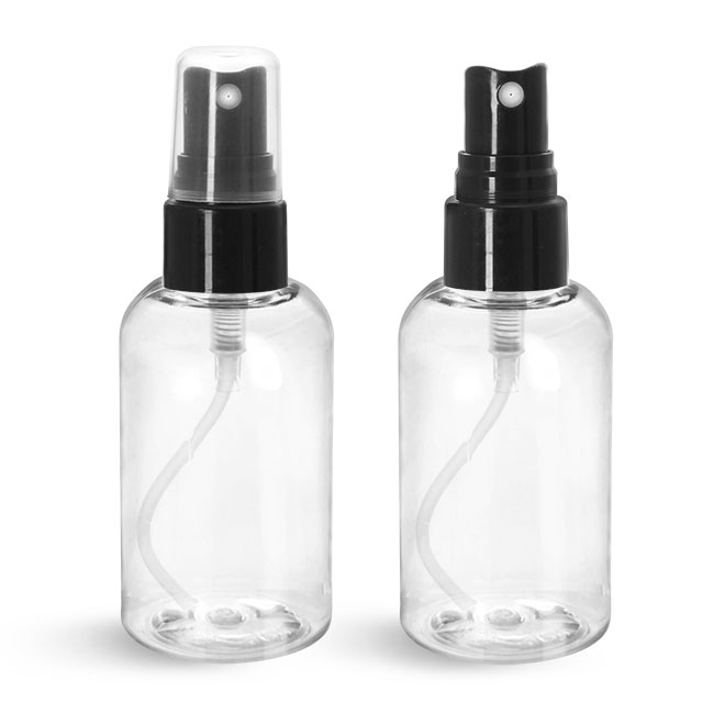 Plastic Bottles, Clear PET Boston Round Bottles w/ Smooth Black Fine Mist Sprayers
