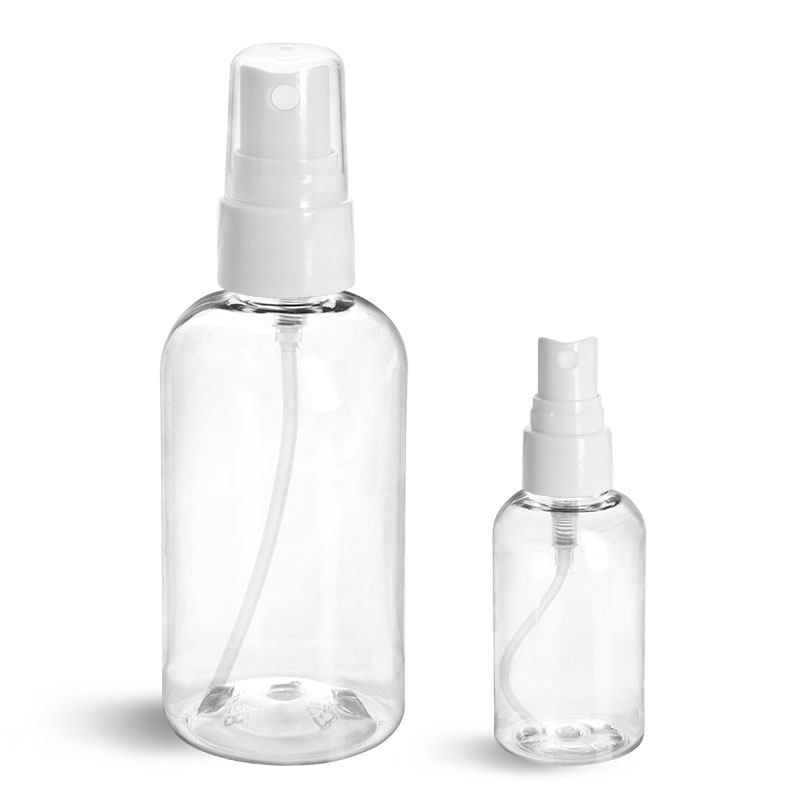 PET Plastic Bottles, Clear Boston Round Bottles w/ Smooth White Fine Mist Sprayers