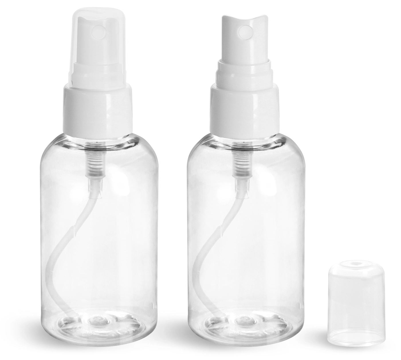 2 oz Plastic Bottles, Clear PET Boston Rounds w/ Smooth White Fine Mist Sprayers