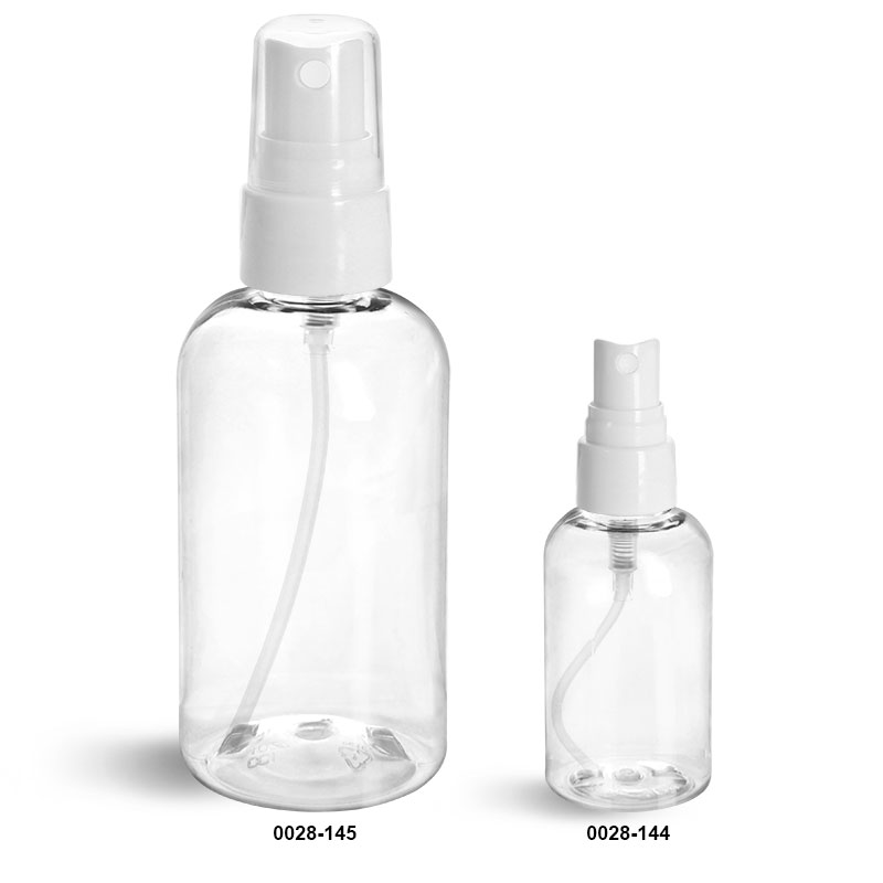 Plastic Bottles, Clear PET Boston Round Bottles w/ Smooth White Fine Mist Sprayers