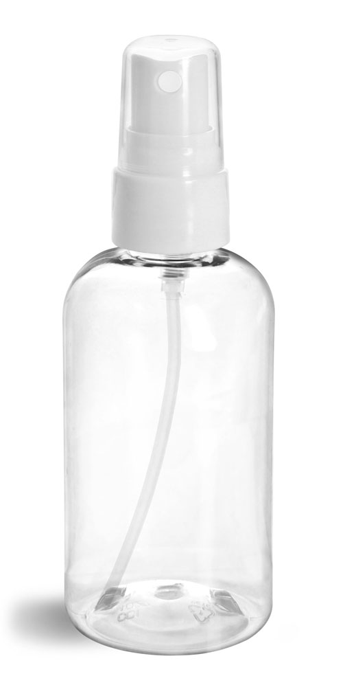 8 oz Plastic Bottles, Clear PET Boston Rounds w/ Smooth White Fine Mist Sprayers