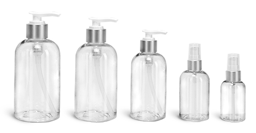 Plastic Bottles, Clear PET Boston Round Bottles With White Lotion Pumps w/ Brushed Aluminum Collars