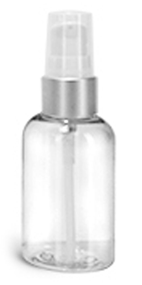 2 oz PET Plastic Bottles, Clear Boston Round Bottles w/ White Lotion Pumps w/ Brushed Aluminum Collars