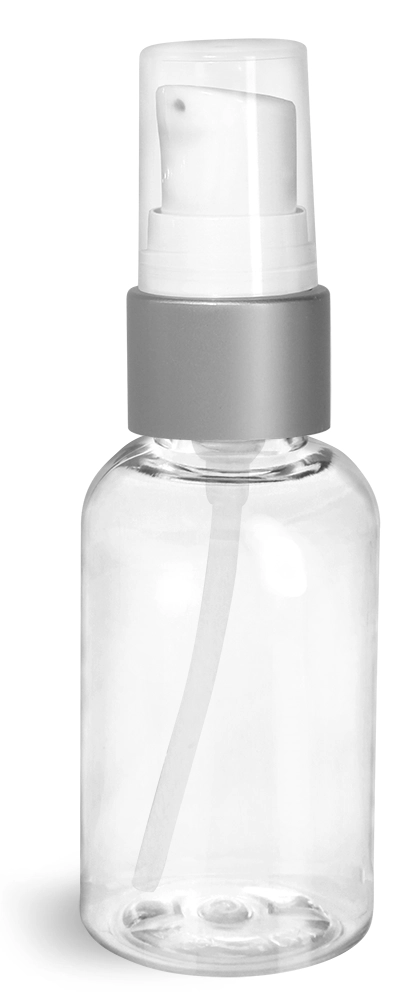 2 oz PET Plastic Bottles, Clear Boston Round Bottles w/ White Lotion Pumps w/ Brushed Aluminum Collars