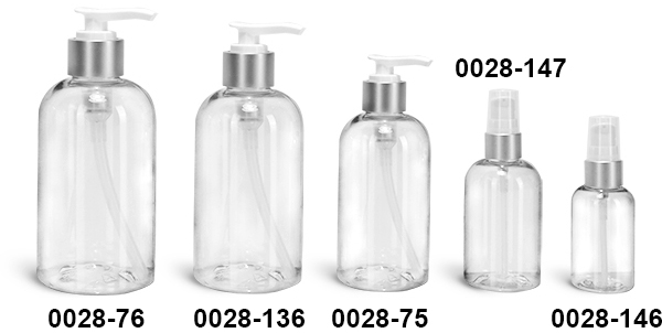 Plastic Bottles, Clear PET Boston Round Bottles With White Lotion Pumps w/ Brushed Aluminum Collars