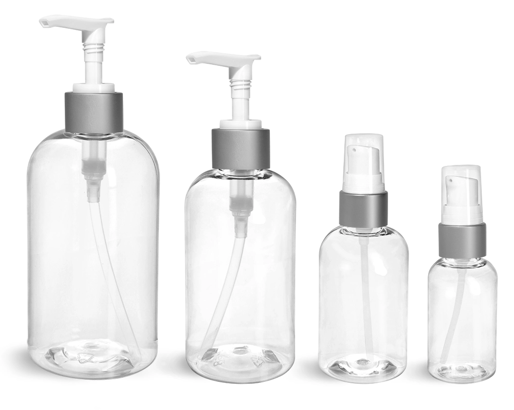 PET Plastic Bottles, Clear Boston Round Bottles w/ White Lotion Pumps w/ Brushed Aluminum Collars