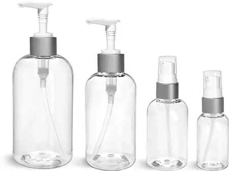 PET Clear Boston Round Bottles w/ White Lotion Pumps w/ Brushed Aluminum Collars