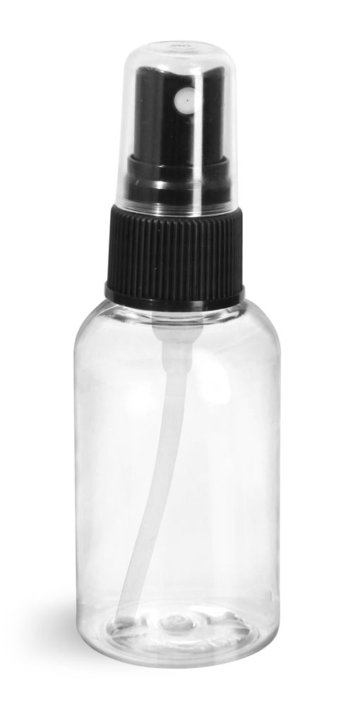 2 oz Clear PET Boston Round Bottles w/ Black Fine Mist Sprayers