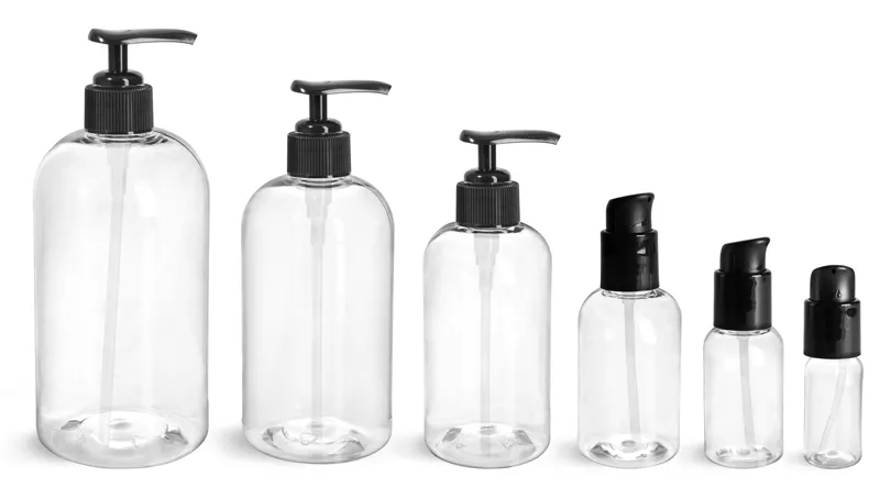 PET Plastic Bottles, Clear Boston Round Bottles w/ Black Lotion Pumps & Treatment Pumps