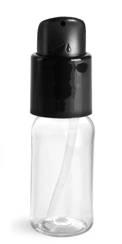1 oz Clear PET Boston Round Bottles With Black Treatment Pumps