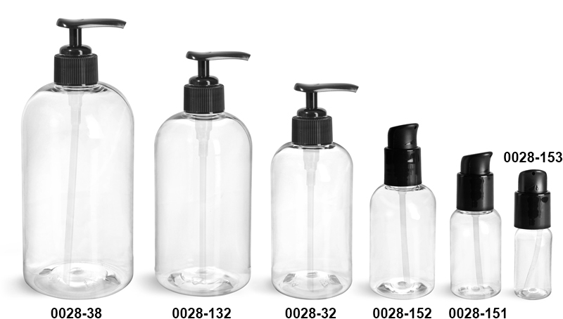 Plastic Bottles, Clear PET Boston Round Bottles With Black Lotion Pumps & Treatment Pumps