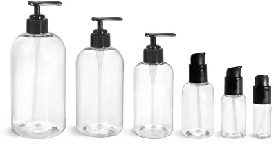 PET Clear Boston Round Bottles w/ Black Lotion Pumps & Treatment Pumps