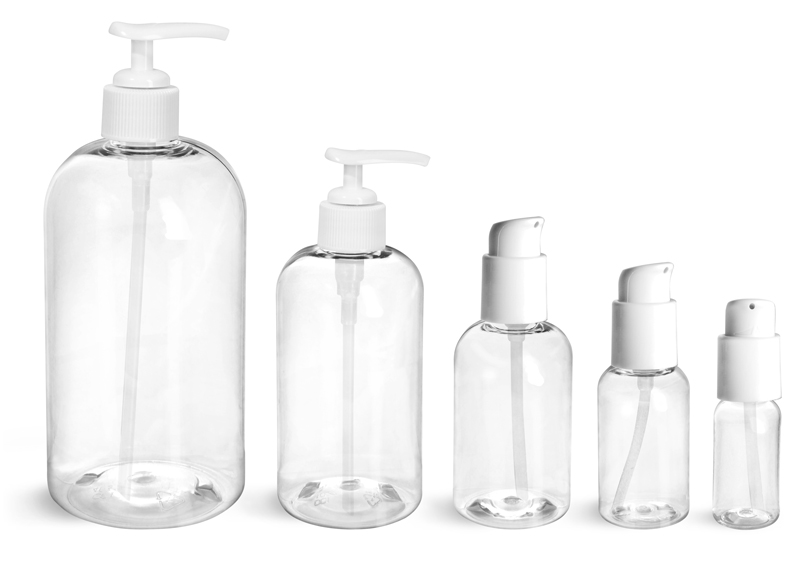 8 oz Clear PET Boston Round Bottles w/ White Lotion Pumps & Treatment Pumps