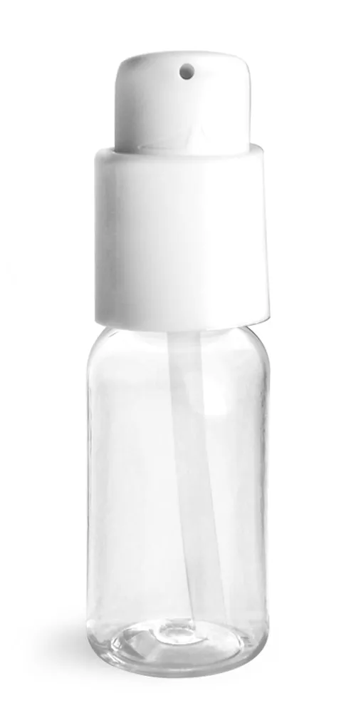 1 oz Clear PET Boston Round Bottles w/ White Treatment Pumps