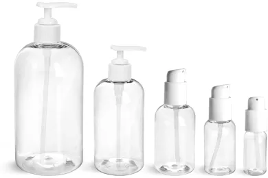 PET Clear Boston Round Bottles w/ White Lotion Pumps & Treatment Pumps 