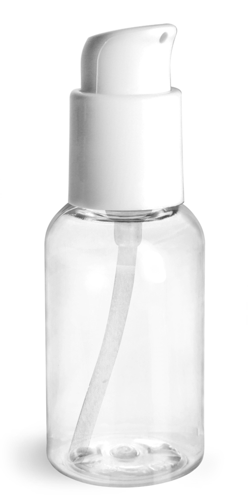 2 oz Clear PET Boston Round Bottles w/ White Treatment Pumps