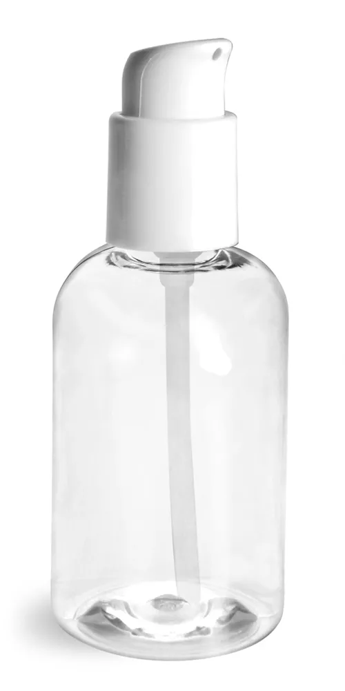 4 oz  Clear PET Boston Round Bottles w/ White Treatment Pumps