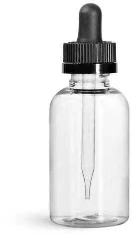 2 oz Plastic Bottles, Clear PET Boston Round Bottles w/ Black Child Resistant Droppers