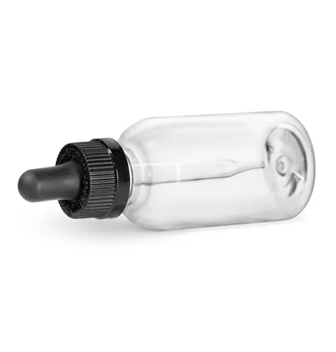 2 oz Plastic Bottles, Clear PET Boston Round Bottles w/ Black Child Resistant Droppers