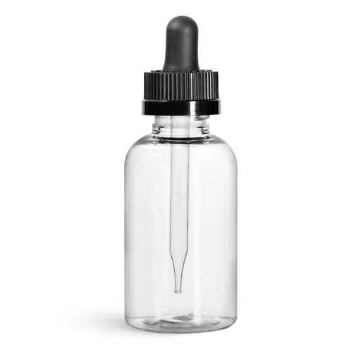PET  2 oz Clear Boston Round Bottles w/ Black Child Resistant Droppers