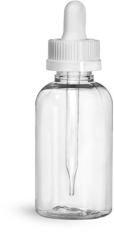 2 oz Clear PET Boston Round Bottles w/ White Child Resistant Droppers