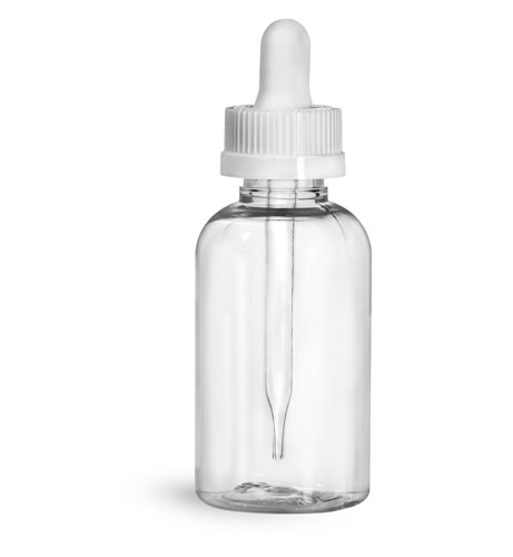 PET Plastic Bottles, 2 oz Clear Boston Round Bottles w/ White Child Resistant Droppers