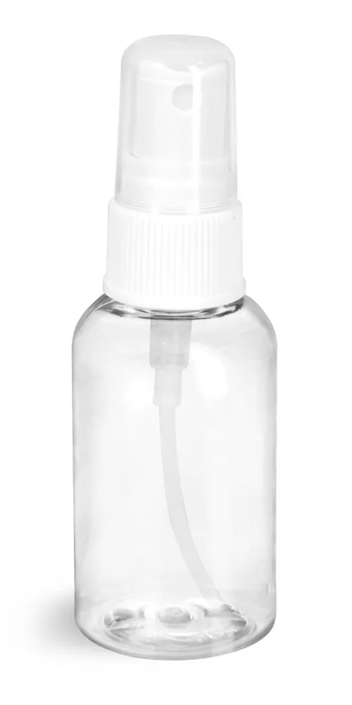 2 oz Clear PET Boston Round Bottles w/ White Fine Mist Sprayers