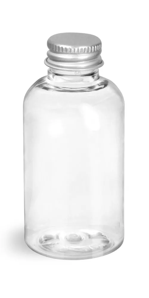 2 oz Clear PET Boston Round Bottles w/ Lined Aluminum Caps