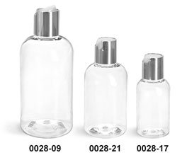 Plastic Bottles, Clear PET Boston Round Bottles With Silver Disc Top Caps
