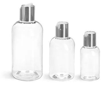 PET Plastic Bottles, Clear Boston Round Bottles w/ Silver Disc Top Caps