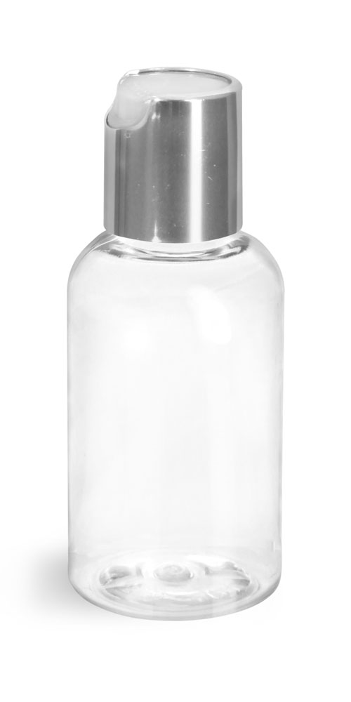 2 oz Clear PET Boston Round Bottles w/ Silver Disc Top Caps