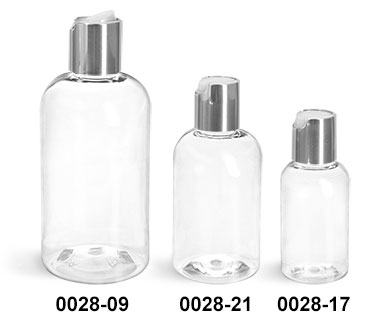 Plastic Bottles, Clear PET Boston Round Bottles With Silver Disc Top Caps
