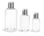 PET Plastic Bottles, Clear Boston Round Bottles w/ Silver Disc Top Caps