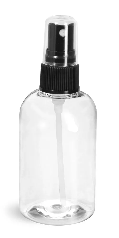 4 oz Clear PET Boston Round Bottles w/ Black Fine Mist Sprayers