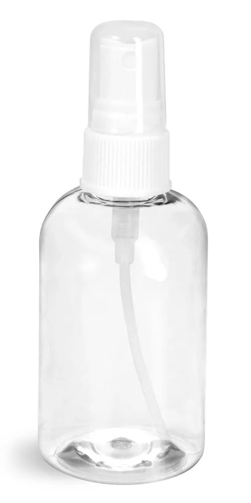 4 oz Clear PET Boston Round Bottles w/ White Fine Mist Sprayers