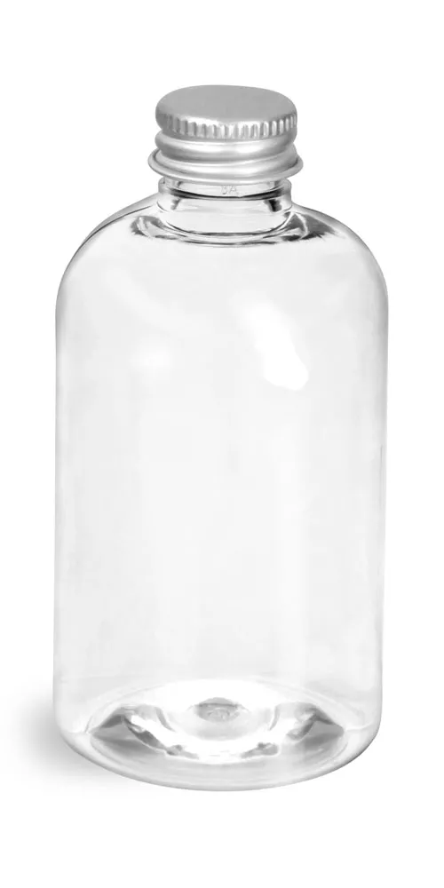 4 oz Clear PET Boston Round Bottles w/ Lined Aluminum Caps
