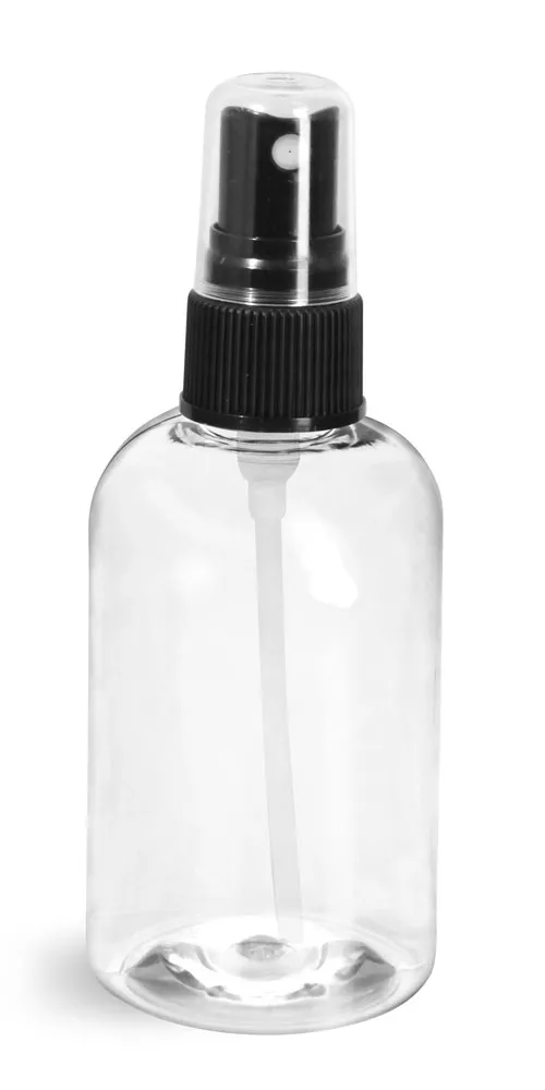 8 oz Clear PET Boston Round Bottles w/ Black Fine Mist Sprayers