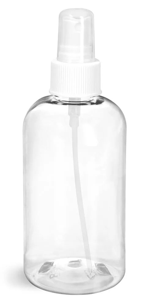 8 oz Clear PET Boston Round Bottles w/ White Fine Mist Sprayers