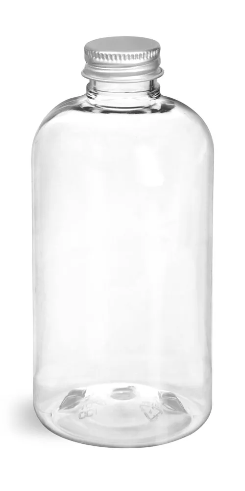 8 oz Clear PET Boston Round Bottles w/ Lined Aluminum Caps