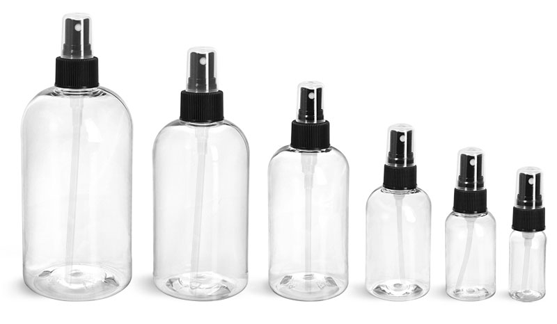 PET Plastic Bottles, Clear Boston Round Bottles w/ Black Fine Mist Sprayers