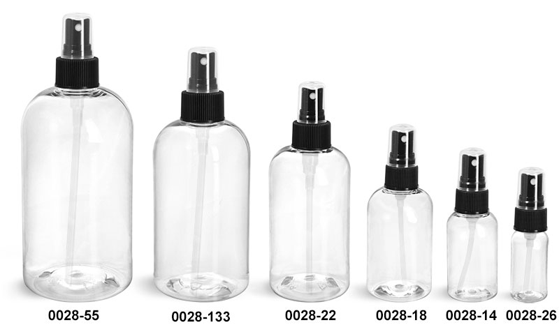 Plastic Bottles, Clear PET Boston Round Bottles With Black Fine Mist Sprayers
