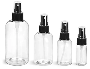 PET Clear Boston Round Bottles w/ Black Fine Mist Sprayers