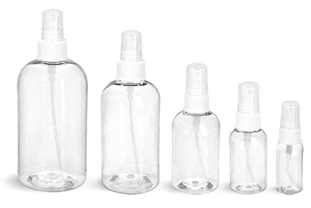 PET Plastic Bottles, Clear Boston Round Bottles w/ White Fine Mist Sprayers