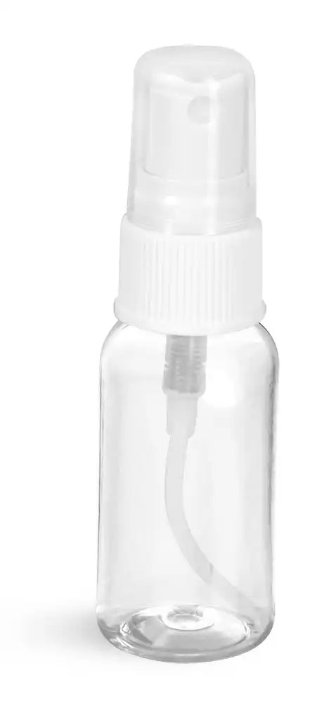 1 oz Clear PET Boston Round Bottles w/ White Fine Mist Sprayers
