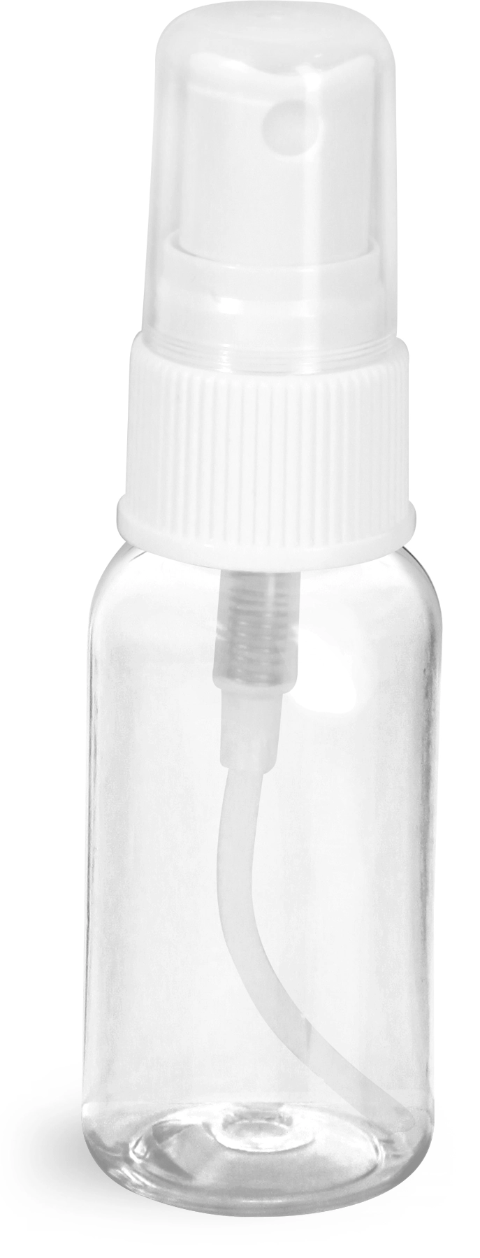 1 oz Clear PET Boston Round Bottles w/ White Fine Mist Sprayers