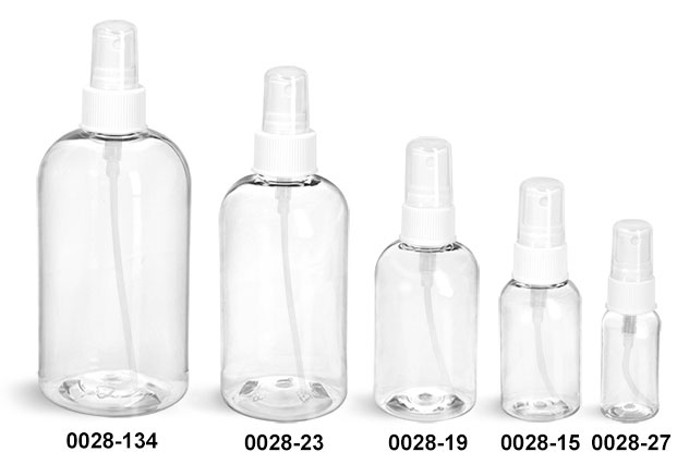Plastic Bottles, Clear PET Boston Round Bottles With White Fine Mist Sprayers