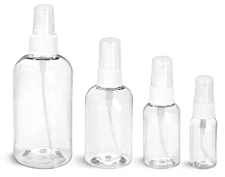 PET Clear Boston Round Bottles w/ White Fine Mist Sprayers