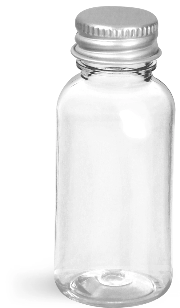 1 oz Clear PET Boston Round Bottles w/ Lined Aluminum Caps