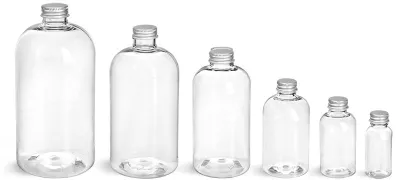 PET Clear Boston Round Bottles w/ Lined Aluminum Caps
